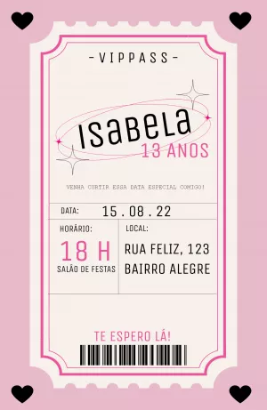 Convite de Aniversário Ticket VIP Pass para Editar Online