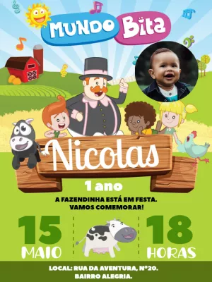 Convite de Aniversário Mundo Bita com Foto para Editar Online