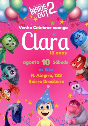 Convite Aniversário Divertida Mente 2 com Personagens para Editar