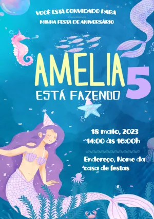 Convite de Aniversário Sereia Fundo do Mar para Editar Online