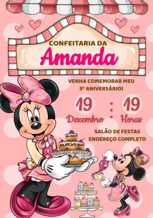 Convite Aniversário Minnie Confeiteira para Editar Online