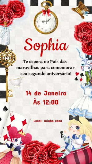 Convite de Aniversário Alice no País das Maravilhas para Editar