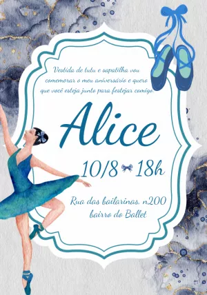 Convite Aniversário Bailarina Aquarela para Editar Online