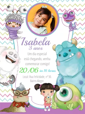 Convite Aniversário Monstros SA com Foto para Editar Online
