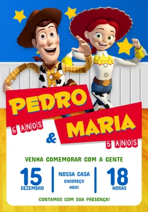 Convite Duplo Toy Story com Woody e Jessie Editável Online