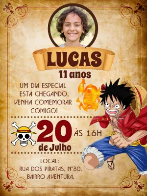 Convite Aniversário One Piece com Foto para Editar Online