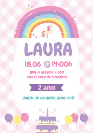Convite de Aniversário Arco-íris e Unicórnio para Editar Online