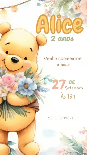 Convite Aniversário Ursinho Pooh Aquarela para Editar Online