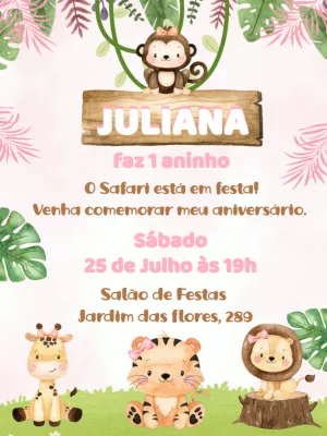 Convite Aniversário Safari Rosa com Animais para Editar Online