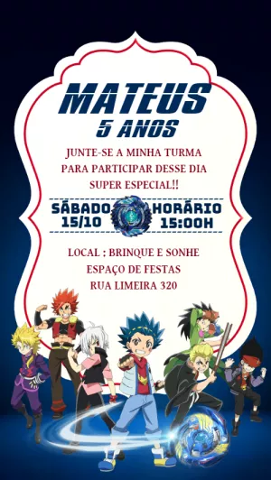 Convite Aniversário Beyblade com Personagens para Editar Online