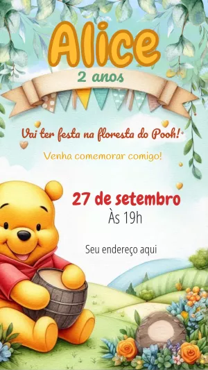 Convite Aniversário Ursinho Pooh para Editar Online