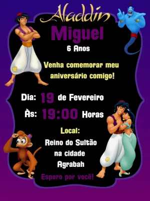 Convite Aniversário Aladdin com Personagens para Editar Online
