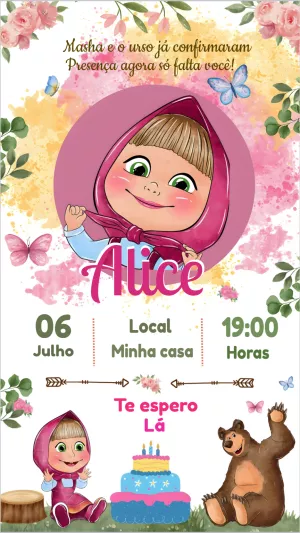 Convite de Aniversário Masha e o Urso para Editar Online