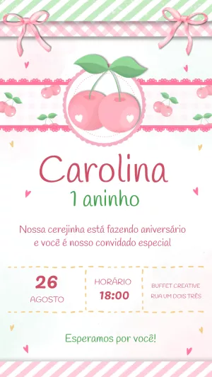 Convite de Aniversário Tema Cerejinha para Editar Online