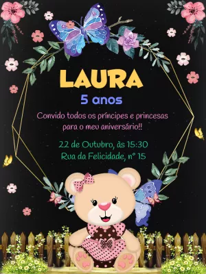 Convite de Aniversário Ursinha e Borboletas para Editar Online
