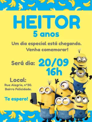 Convite de Aniversário Minions com Personagens para Editar Online