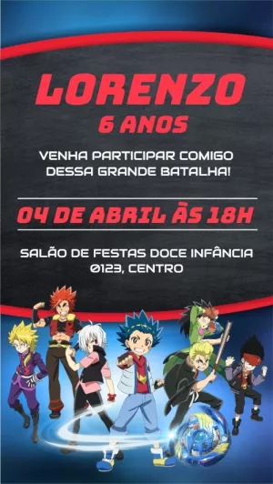 Convite Aniversário Beyblade Burst com Personagens para Editar
