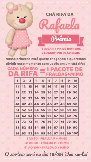 Rifa Chá de Bebê Ursinha Rosa Editável para Imprimir