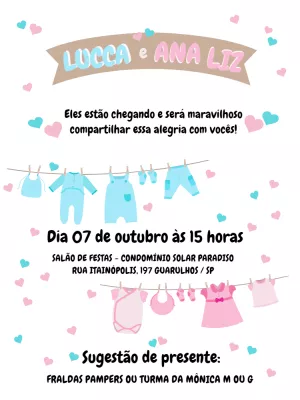 Convite Chá de Bebê Gêmeos Varal de Roupas para Editar Online