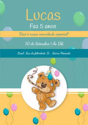 Convite de Aniversário Ursinho Fofo para Editar Online