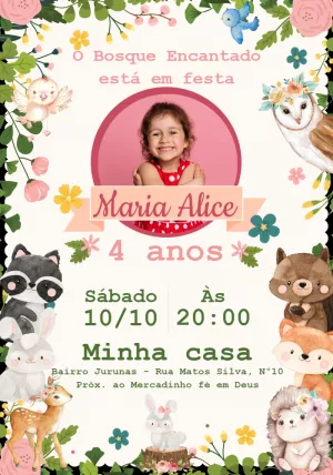 Convite Aniversário Bosque Encantado com Foto para Editar Online