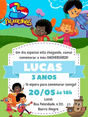 Convite Aniversário 3 Palavrinhas com Personagens para Editar