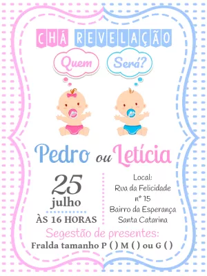Convite Chá Revelação Bebês Menino ou Menina para Editar