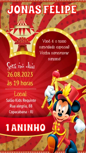 Convite Aniversário Circo do Mickey Mouse para Editar Online