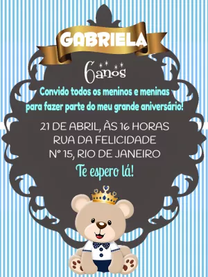 Convite Aniversário Ursinho Príncipe para Editar Online