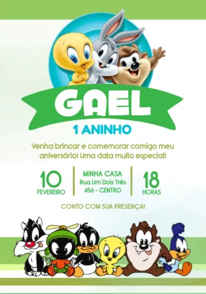 Convite Aniversário Baby Looney Tunes para Editar Online