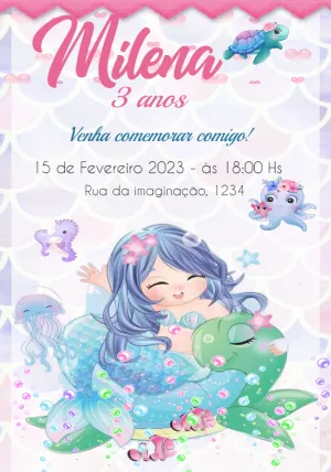 Convite de Aniversário Sereia Aquarela para Editar Online