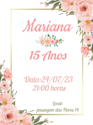Convite de 15 Anos Floral com Dourado para Editar Online