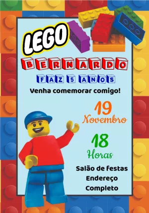 Convite de Aniversário Lego com Blocos para Editar Online