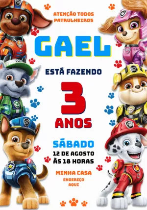 Convite de Aniversário Patrulha Canina para Editar Online