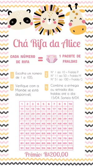 Rifa Chá de Bebê Safari com Bichinhos Fofos para Editar Online