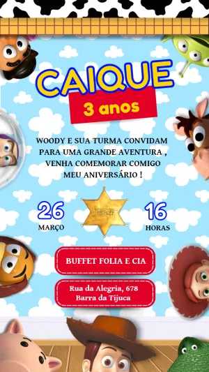 Convite Aniversário Toy Story com Personagens para Editar Online