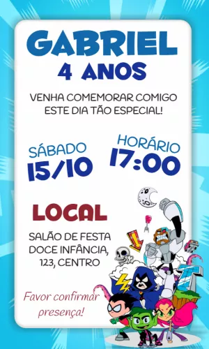 Convite de Aniversário Jovens Titãs para Editar Online