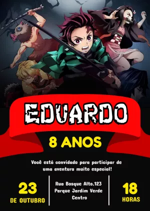 Convite de Aniversário Demon Slayer com Personagens para Editar