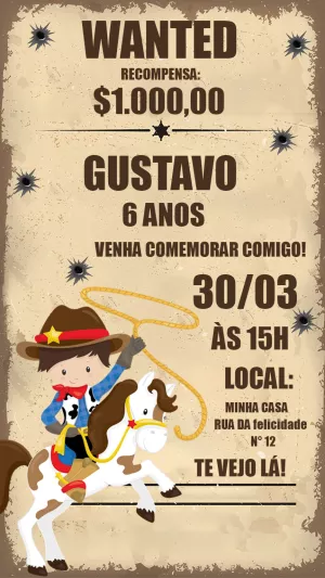 Convite Aniversário Cowboy Estilo Faroeste para Editar Online
