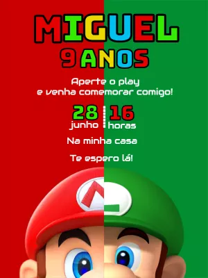 Convite Aniversário Super Mario e Luigi para Editar Online