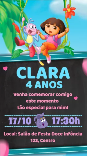 Convite de Aniversário Dora Aventureira para Editar Online