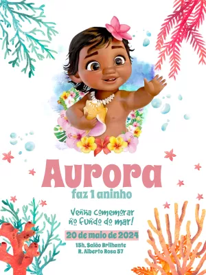Convite de Aniversário Moana Baby Fundo do Mar para Editar