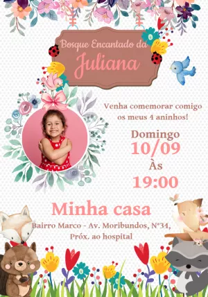 Convite Aniversário Bosque Encantado com Foto para Editar Online