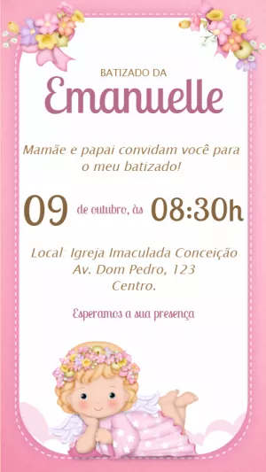 Convite de Batizado Anjinha Rosa para Editar Online