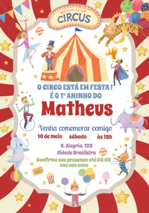 Convite de Aniversário Circo com Animais para Editar Online