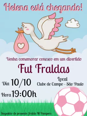 Convite Fut Fraldas Menina Futebol Rosa para Editar Online