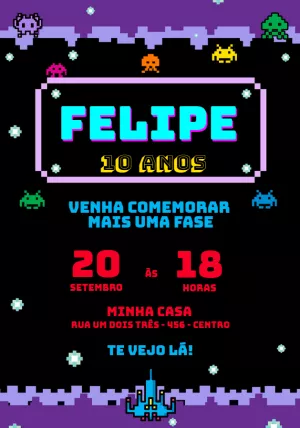 Convite Aniversário Gamer Retrô para Editar Online