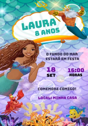Convite Aniversário Pequena Sereia com Personagens para Editar