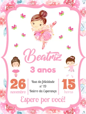 Convite de Aniversário Bailarina Delicada para Editar Online