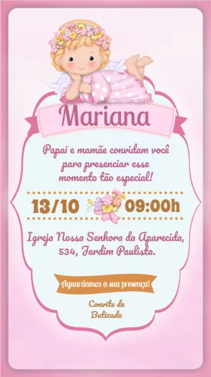 Convite de Batizado Anjinha Rosa Editável para Imprimir